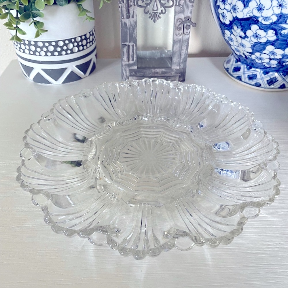 Vintage Clear Glass Deviled Egg Plate Oyster Platter Pressed Glass 9.75"